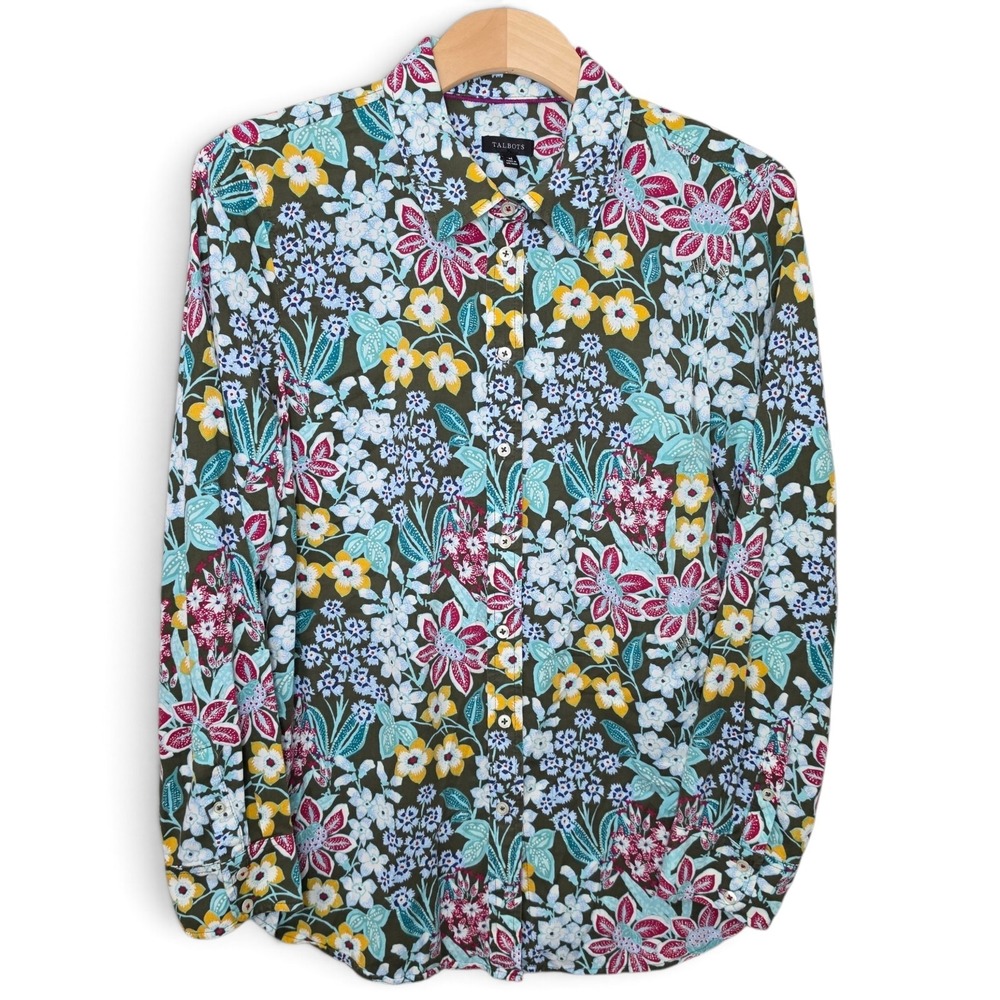 Talbots Top Womens Medium Button Front Shirt Green Multicolor Floral Long Sleeve